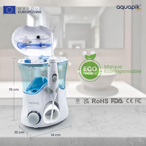 Aquapik Pro Irrigateur Buccal Professionnel – 10 Niveaux de Pression, 8 Buses & Réservoir 600 ml, Water Flosser pour Hyg
