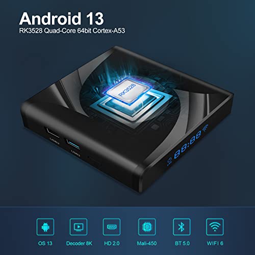 Android TV Box RK3528 4GB RAM 64GB ROM 3D H.265 8K Boîte Smart TV Wi-Fi 5GHz Bluetooth 5.0  
Android TV Box 1|0 4GB RAM 