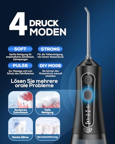 JTF Hydropulseur Jet Dentaire Électrique Sans Fil, 4 Modes 9 Buses Irrigateur Oral Professsionnel IPX7 Étanche Réservoir