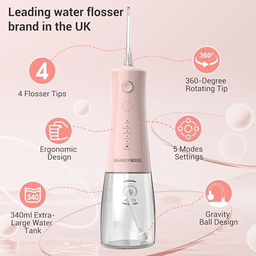 BarberBoss Irrigateur Buccal Électrique IPX8 Waterproof, 5 Modes Pression, Kit Nettoyage Dents Professionnel QR-7103