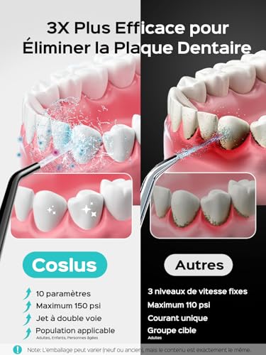COSLUS Irrigateur oral sans fil 2025 amélioré électrique Hydropulseur, 10 niveaux de contrôle doux, portable rechargeabl