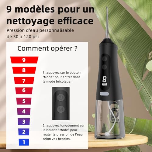 Jet Dentaire Hydropulseur Rechargeable Noir, 9 Modes et 350 ml Capacité, 30 Jours d'Autonomie Pour Maison et Voyage