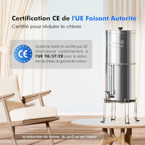 Purewell Filtre à Eau 8,5 Litres par Gravité - Cuve Acier Inox 304 + 4 Filtres (Charbon/Fluor) - Élimine 99% Fluorures/C