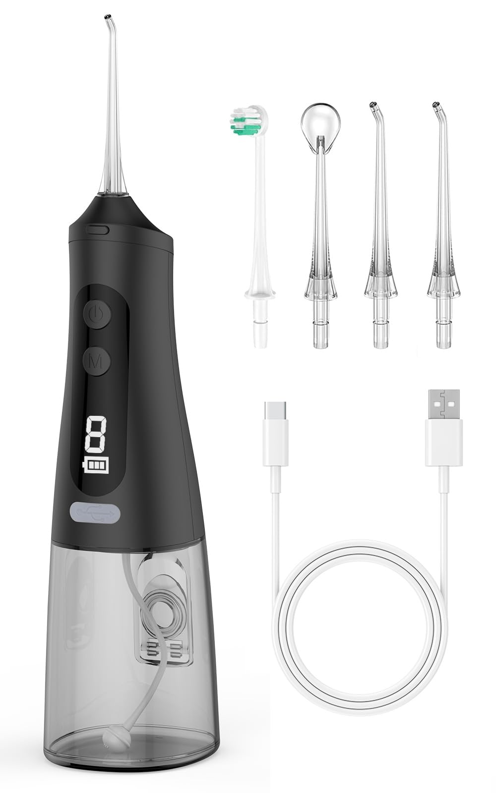 Jet Dentaire Hydropulseur Rechargeable Noir, 9 Modes et 350 ml Capacité, 30 Jours d'Autonomie Pour Maison et Voyage