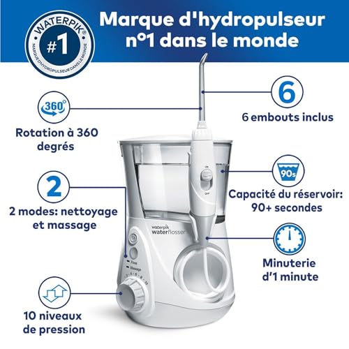 Waterpik - Hydropulseur dentaire professionnel, Jet dentaire avec 6 embouts et 10 niveaux de pression, Élimine la plaque