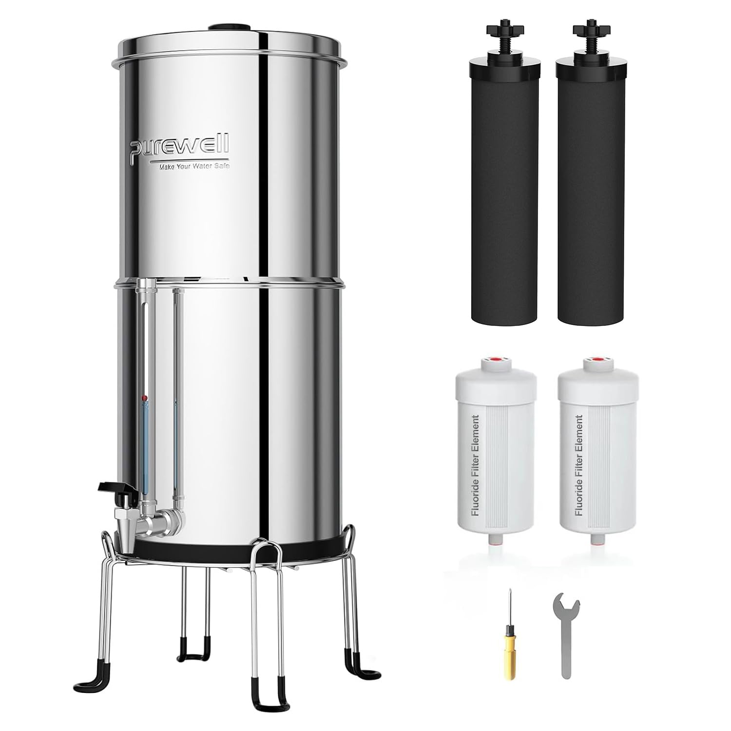 Purewell Filtre à Eau 8,5 Litres par Gravité - Cuve Acier Inox 304 + 4 Filtres (Charbon/Fluor) - Élimine 99% Fluorures/C