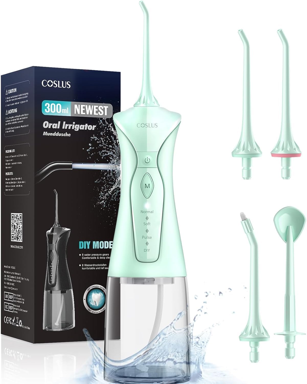 COSLUS Hydropulseur jet Dentaire Portable Vainqueur du Test Rechargeable Étanche IPX7 Modes Hydropulseur 4 Usage Multisc