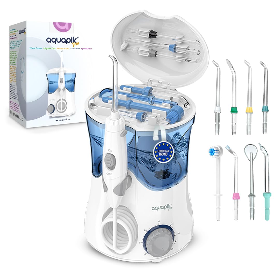 Aquapik Pro Irrigateur Buccal Professionnel – 10 Niveaux de Pression, 8 Buses & Réservoir 600 ml, Water Flosser pour Hyg