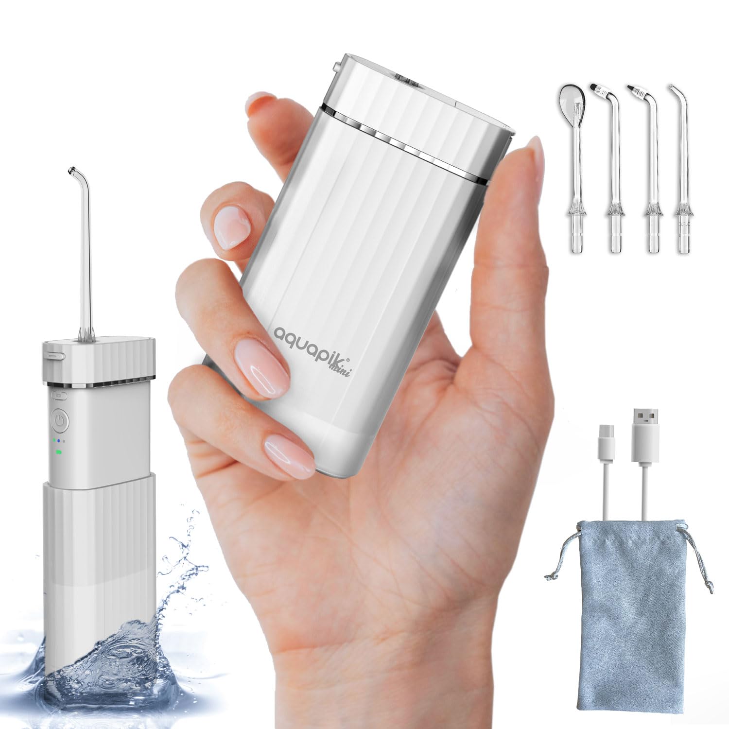Hydrapulseur Dentaire Aquapik® Mini pour Gencives Sensibles et Implants - 200 ml, 3 Modes de Pression, 21 Jours d’Autono