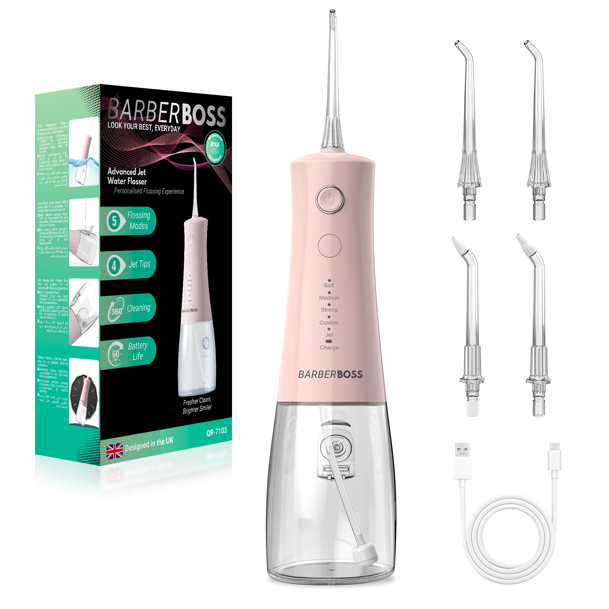 BarberBoss Irrigateur Buccal Électrique IPX8 Waterproof, 5 Modes Pression, Kit Nettoyage Dents Professionnel QR-7103