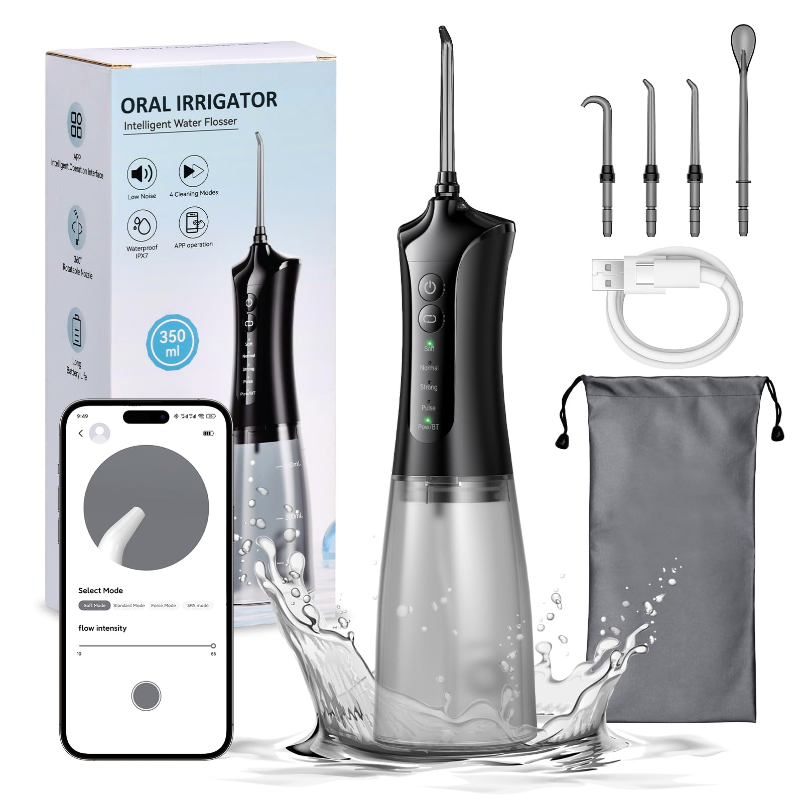 Jet Dentaire Hydropulseur Portable IPX7 Étanche avec App pour IOS/Android, 4 Modes Nettoyage + Réservoir 350ml, Détartra