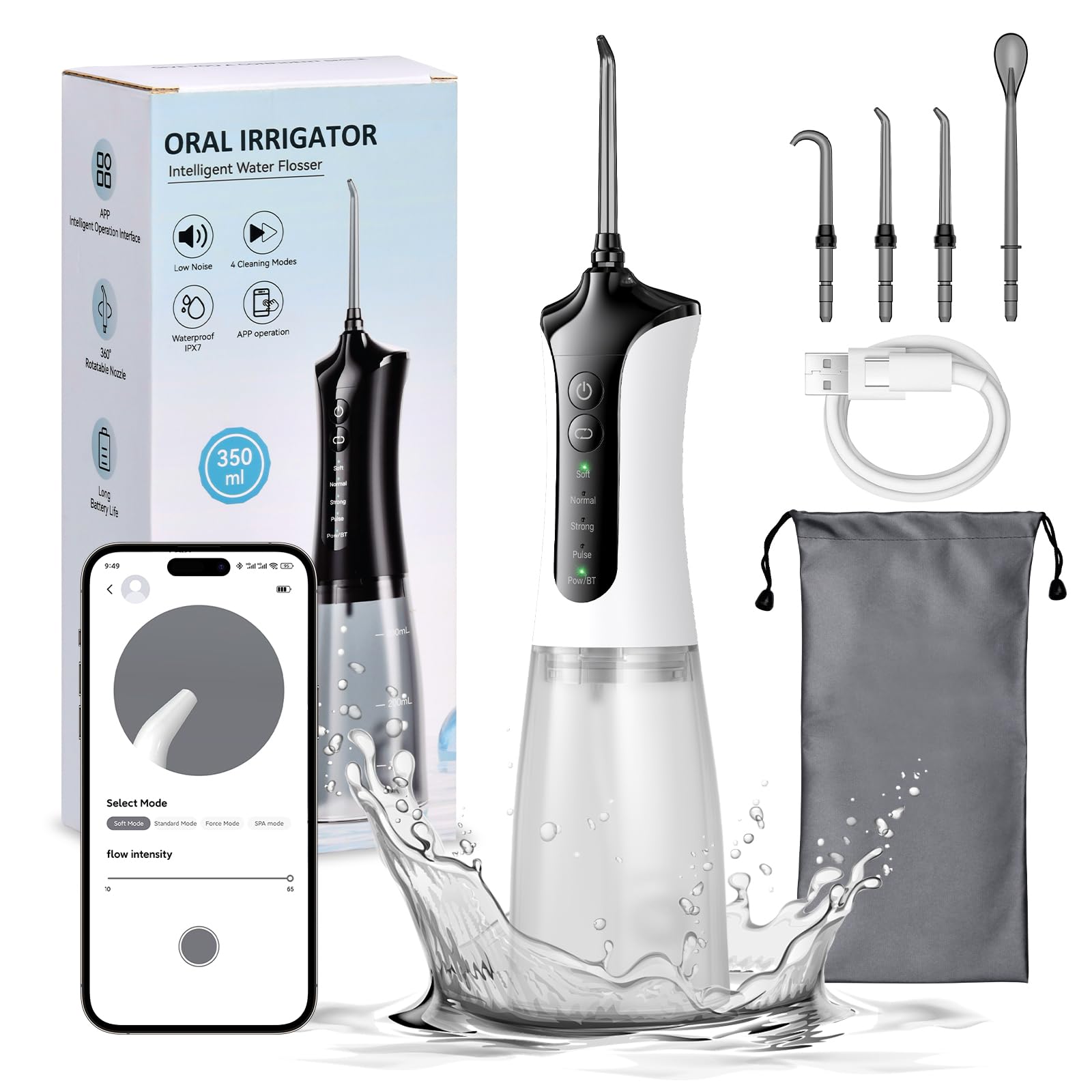Jet Dentaire Hydropulseur Portable, Nettoyeur de dents électrique étanche IPX7, APP régule la pression de l’eau Pour IOS