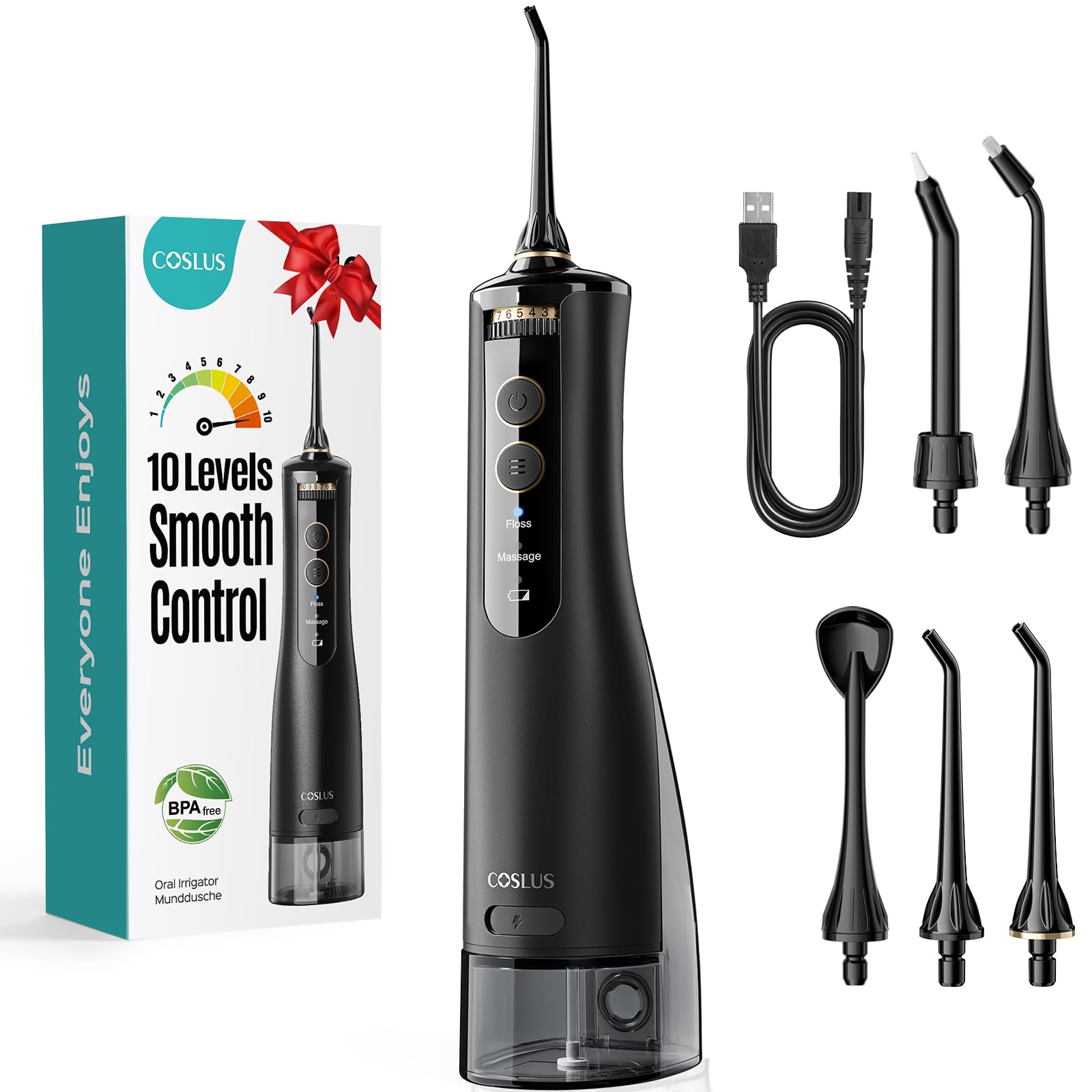 COSLUS Irrigateur oral sans fil 2025 amélioré électrique Hydropulseur, 10 niveaux de contrôle doux, portable rechargeabl