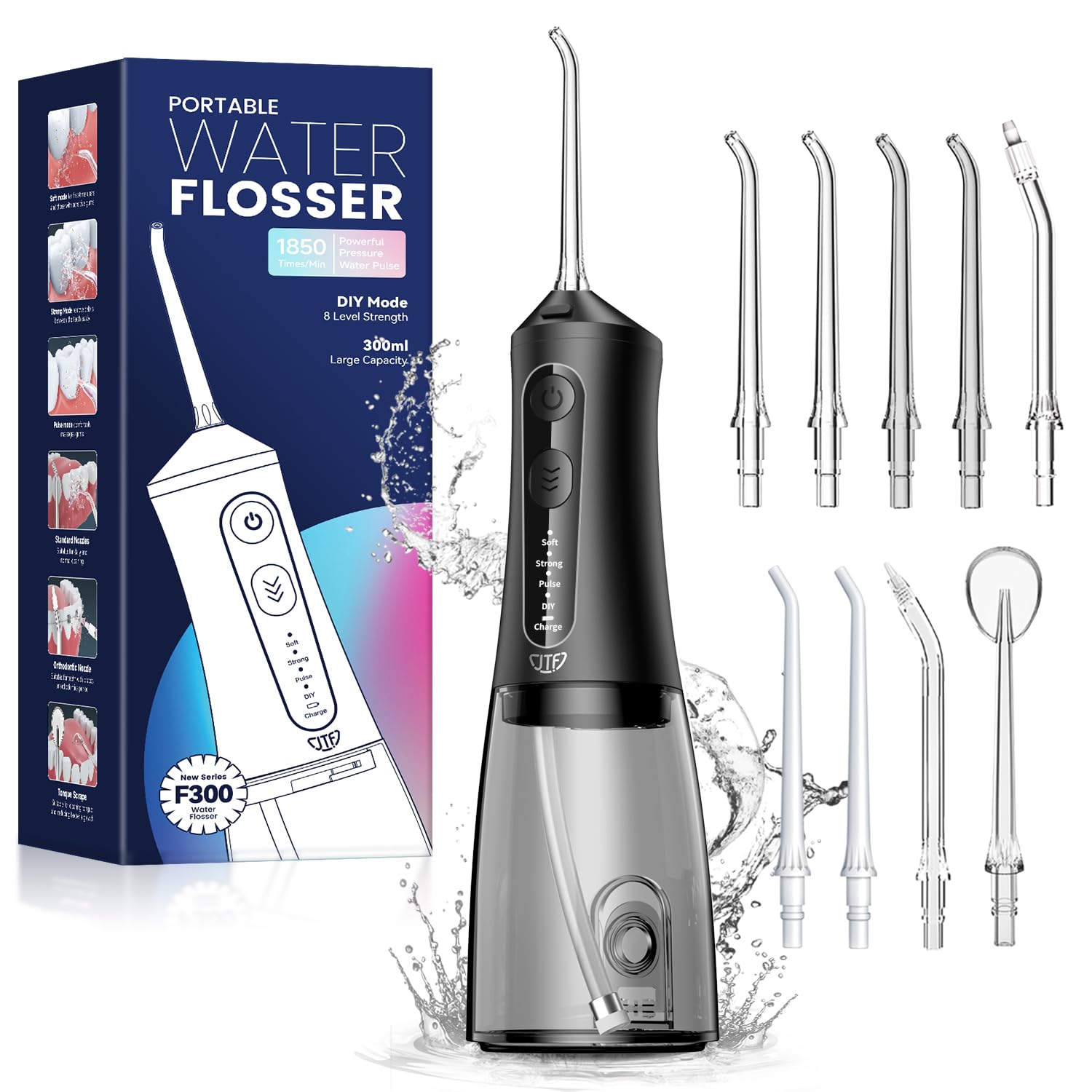 JTF Hydropulseur Jet Dentaire Électrique Sans Fil, 4 Modes 9 Buses Irrigateur Oral Professsionnel IPX7 Étanche Réservoir